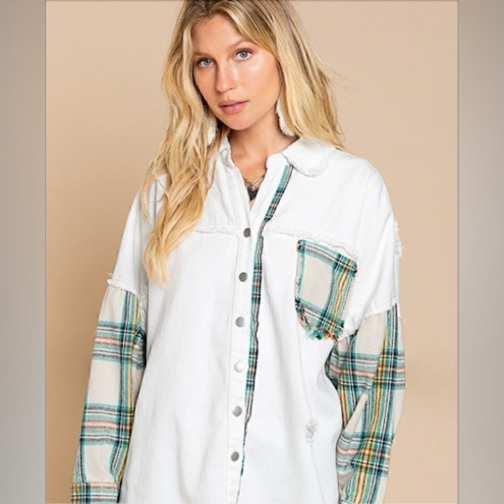 NWOT POL plaid stitched pocket ivory loose denim fall Shacket Sz L